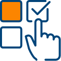 Hand icon selects checked box in 2×2 grid, one filled orange.